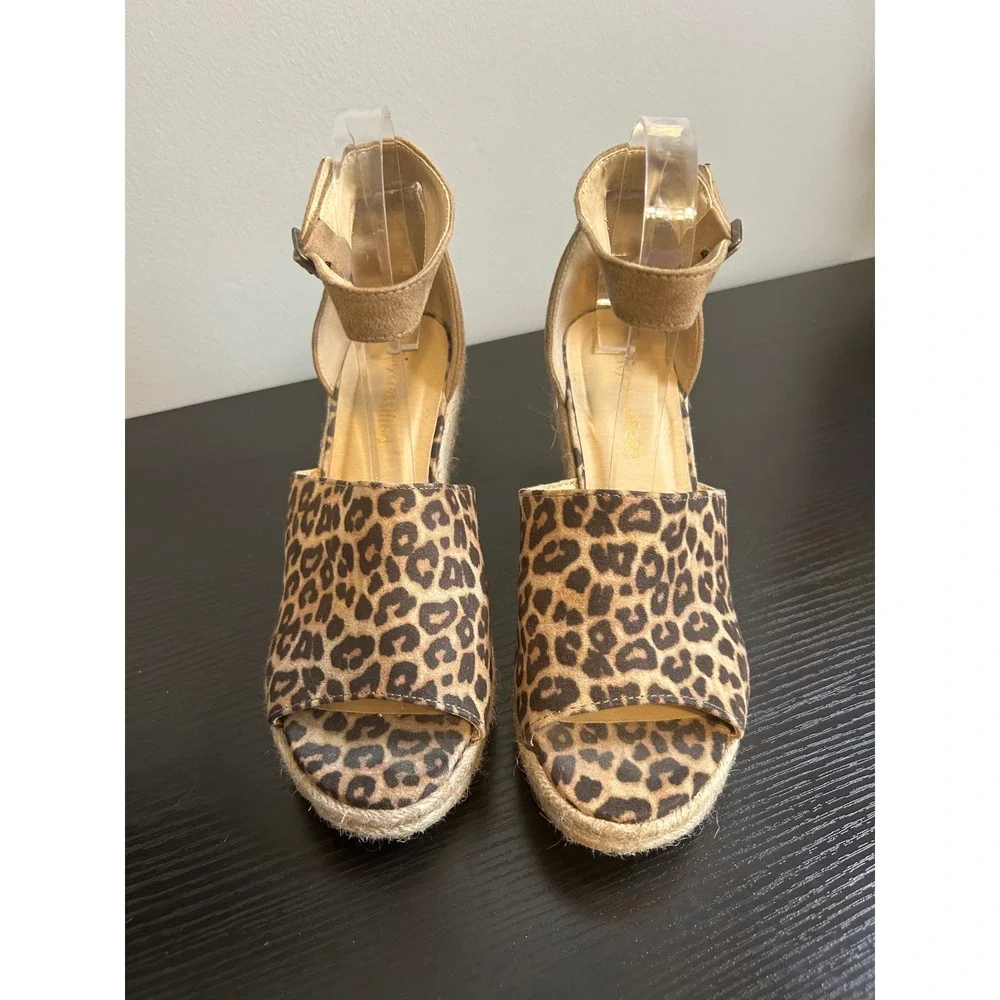 Classifieds Leopard Print Espadrille Wedge Sandals Ankle Strap Women Size 8